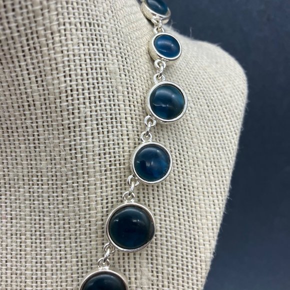 Teal Silver Bezeled Necklace As Is Dark Blue Round Chain Graduated Retro BoHo - Picture 4 of 8
